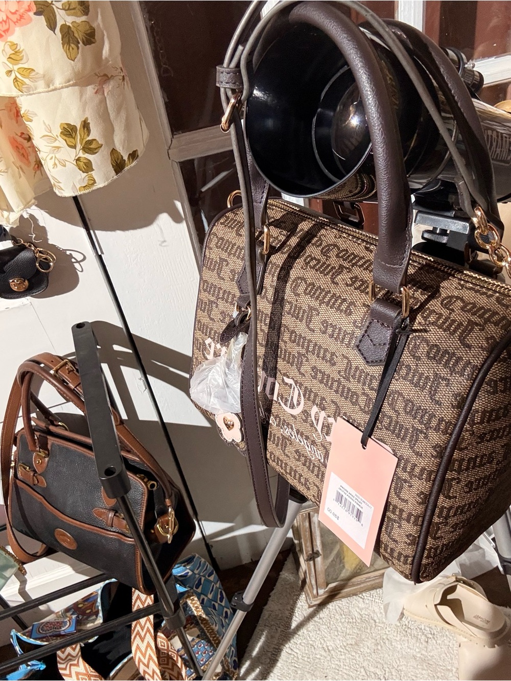 Juicy Couture Brown Monogram Barrel Satchel with Pink Tag - Picture 6 of 7